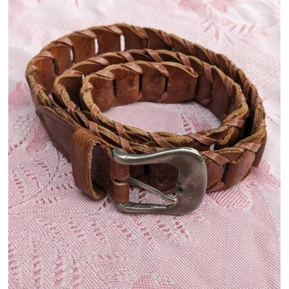 Vintage Brown Braided Woven Leather Belt‎ Buckle Western Boho Women's Medium